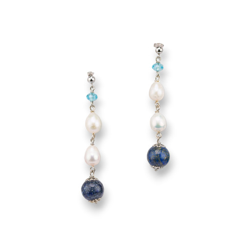 925 Silver Stud Earrings With River Pearls and Lapis