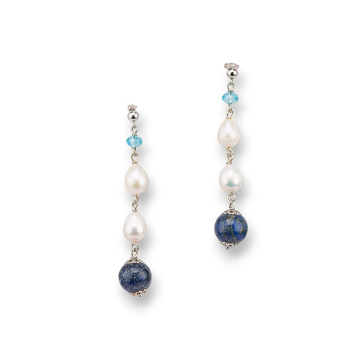 Boucles D'oreilles Puces En Argent 925 Avec Perles De Rivière Et Lapis