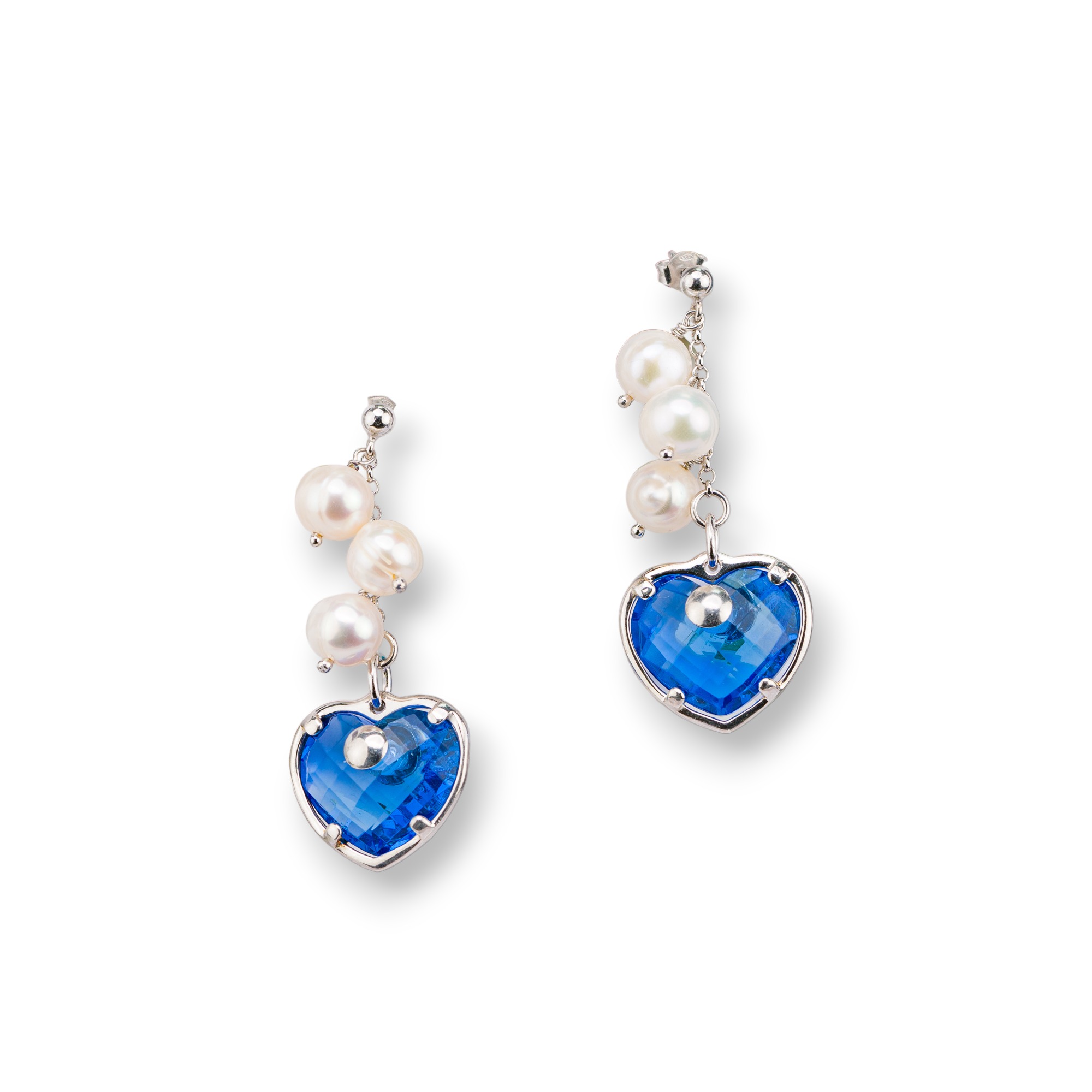 Orecchini A Perno Di Argento 925 Con Zirconi A Cuore E Perle Di Fiume 21x52mm