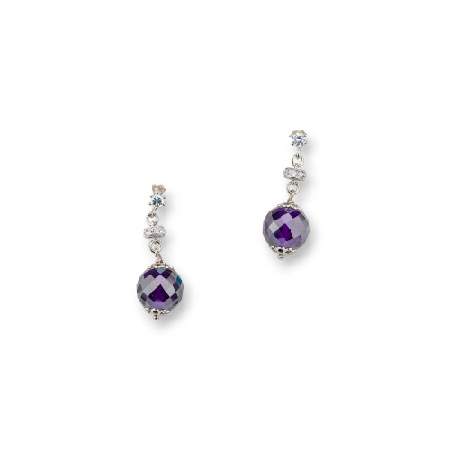 925 Silver Stud Earrings With Faceted Ball Zircons And Purple Zircon Washers 12x33mm