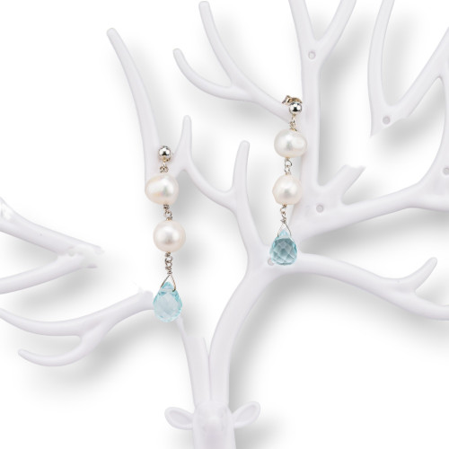 Silver Stud Earrings With River Pearls And Water Heat-diffused Topaz Drop