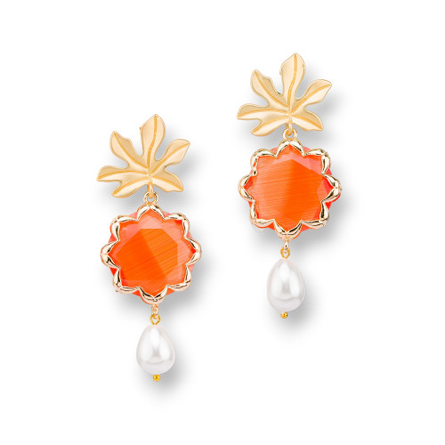 Bronze Stud Earrings with Flower Cat's Eye and Majorcan Pearls 30x68mm Orange