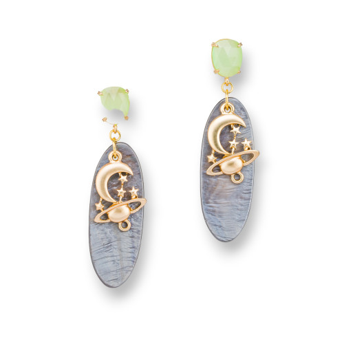 Boucles D'oreilles Tige En Bronze Avec Oeil De Chat Et Pendentif Nacre Et Zamak 18x66 Vert Doré