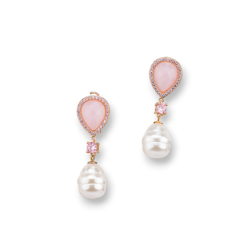 925 Silver Earrings Closed Stud With Pink Cat's Eye Zircons And White Majorcan Pearls Striped Drop 16x45mm