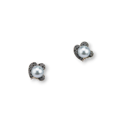 925 Silver Stud Earrings with Zircons and Mallorcan Pearls 17mm