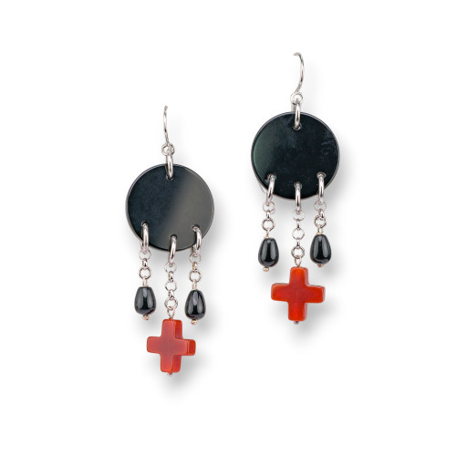 925 Silver Earrings With Black Agate Plates And Red Carnelian Cross 25x70mm