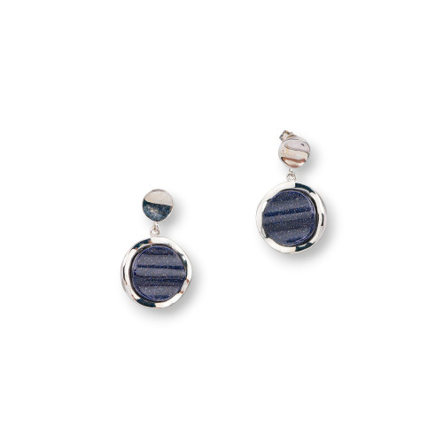 925 Silver Stud Earrings With Zircons And Blue Sand Stone 20x32mm