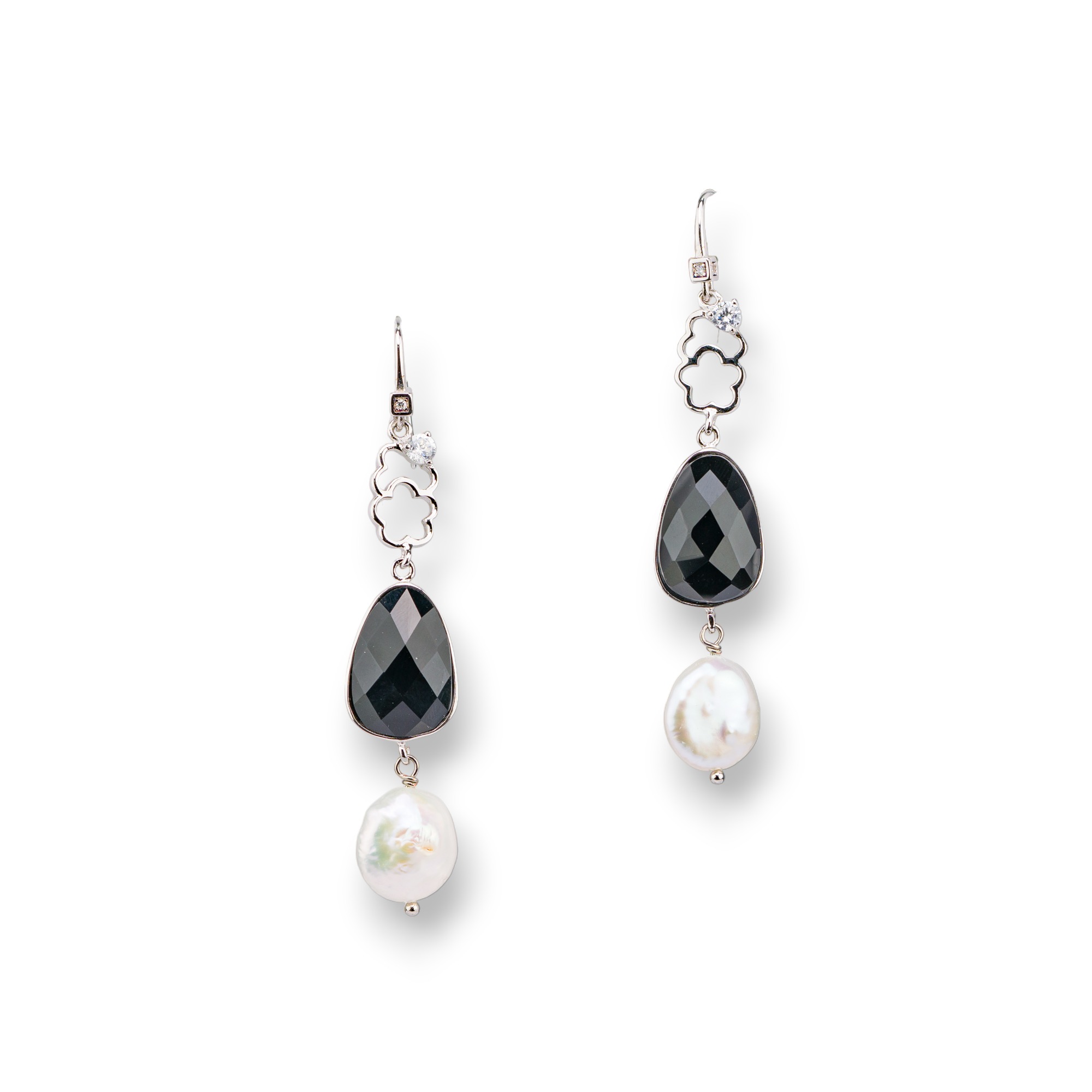 Orecchini Di Argento 925 A Monachella Con Onice E Perle Di Fiume 13x68mm