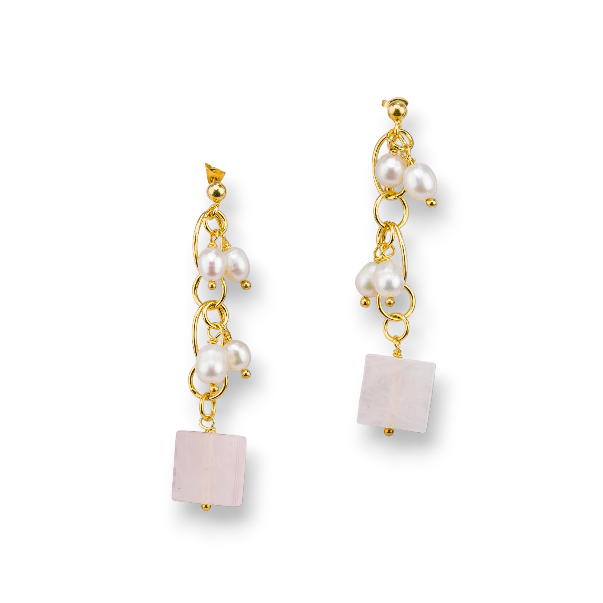 Orecchini Di Argento 925 A Perno Con Catena Placcato Oro Con Quarzo Rosa Quadrato 14x65mm