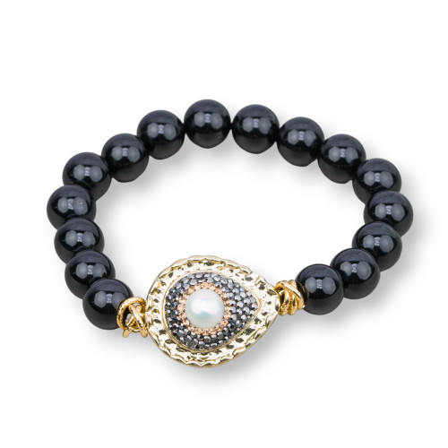 Bracelet élastique en onyx 10 mm avec goutte centrale en marcassite