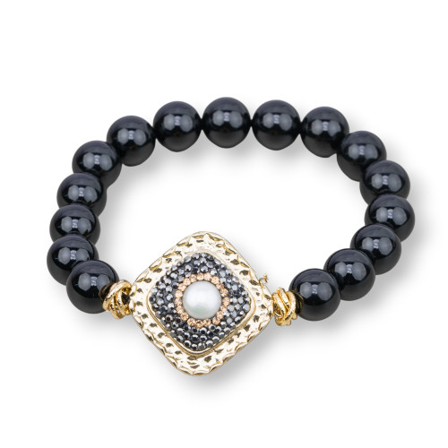 Bracelet Élastique Onyx 10mm Et Losange Central Marcassite