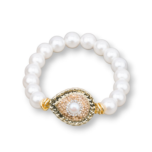 Elastic Bracelet With 10mm Majorca Pearls And Central Marcasite White Golden Drop