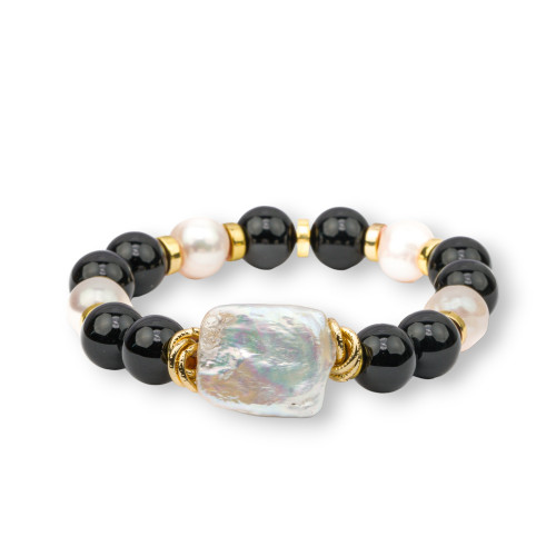 Elastic Bracelet of Semiprecious Stones 10mm with Hematite and Baroque River Pearls Onyx MOD2