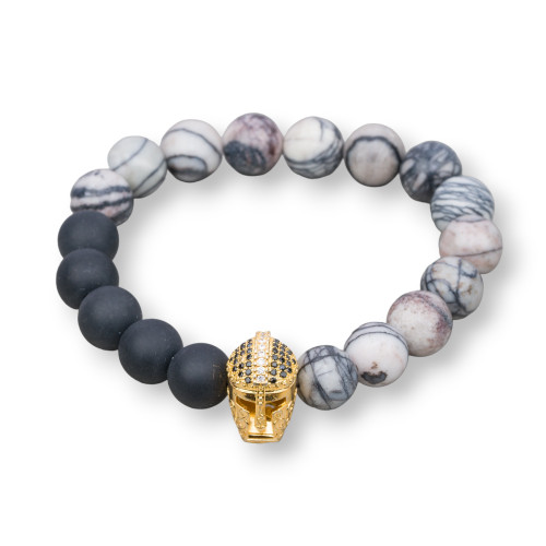 Elastic Bracelet Of Semi-precious Stones 10mm With Brass Gladiator And Zircons Zebra Jasper And Satin Onyx
