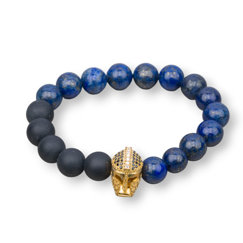 Bracelet Élastique De Pierres Semi-précieuses 10mm Avec Gladiateur En Laiton Et Zircons Lapis Lazuli Et Onyx Satiné