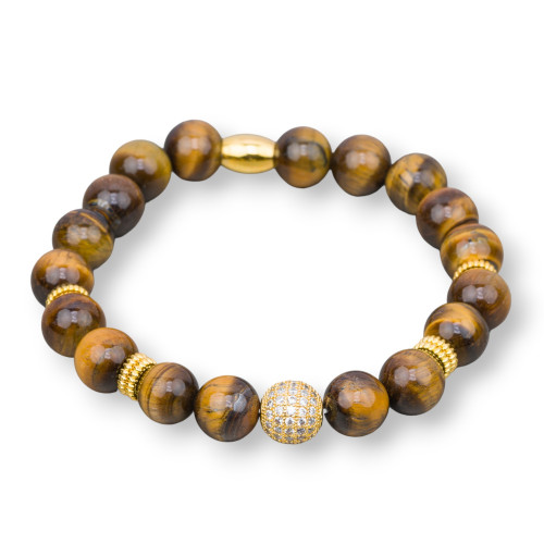Bracelet pour homme en pierres semi-précieuses de 10 mm avec laiton et zircons œil de tigre