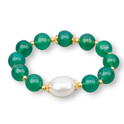 Stretch Bracelets Made of Semi-precious Stones and Central Green Agate Mallorca Pearls