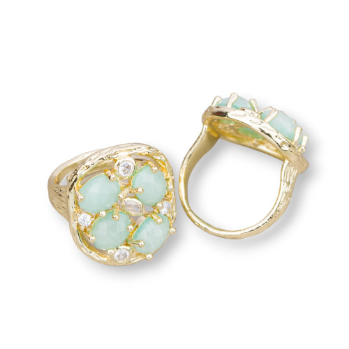 Bronze Ring With Semi-precious Stones and Zircons Set 20x23mm Adjustable Size Golden Amazonite