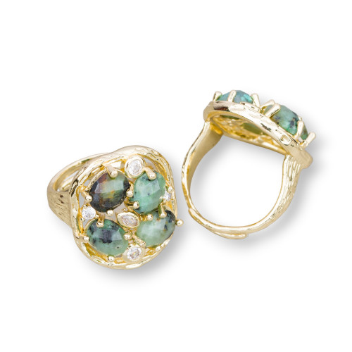 Bronze Ring With Semi-precious Stones and Zircons Set 20x23mm Adjustable Size Golden African Jade