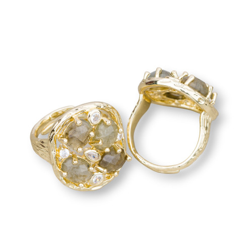 Bronze Ring With Semi-precious Stones and Zircons Set 20x23mm Adjustable Size Golden Labradorite