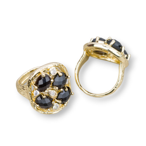 Bronze Ring With Semi-precious Stones and Zircons Set 20x23mm Adjustable Size Golden Onyx