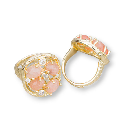 Bronze Ring With Semi-precious Stones and Zircons Set 20x23mm Adjustable Size Golden Pink Moonstone