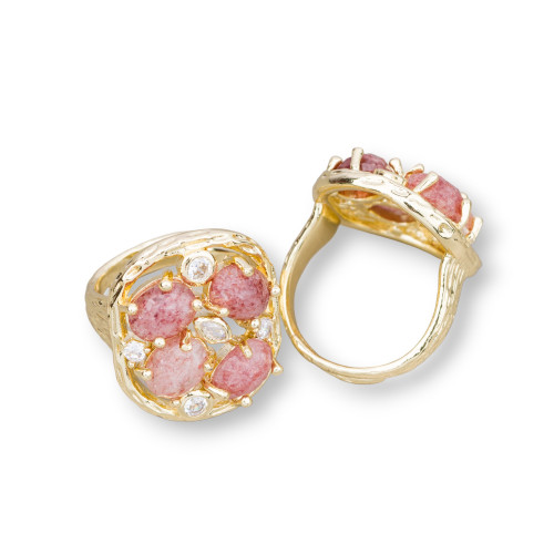 Bronze Ring With Semi-precious Stones and Zircons Set 20x23mm Adjustable Size Golden Strawberry Quartz