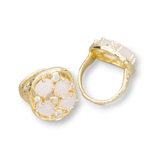 Bronze Ring With Semi-precious Stones and Zircons Set 20x23mm Adjustable Size Golden Rose Quartz