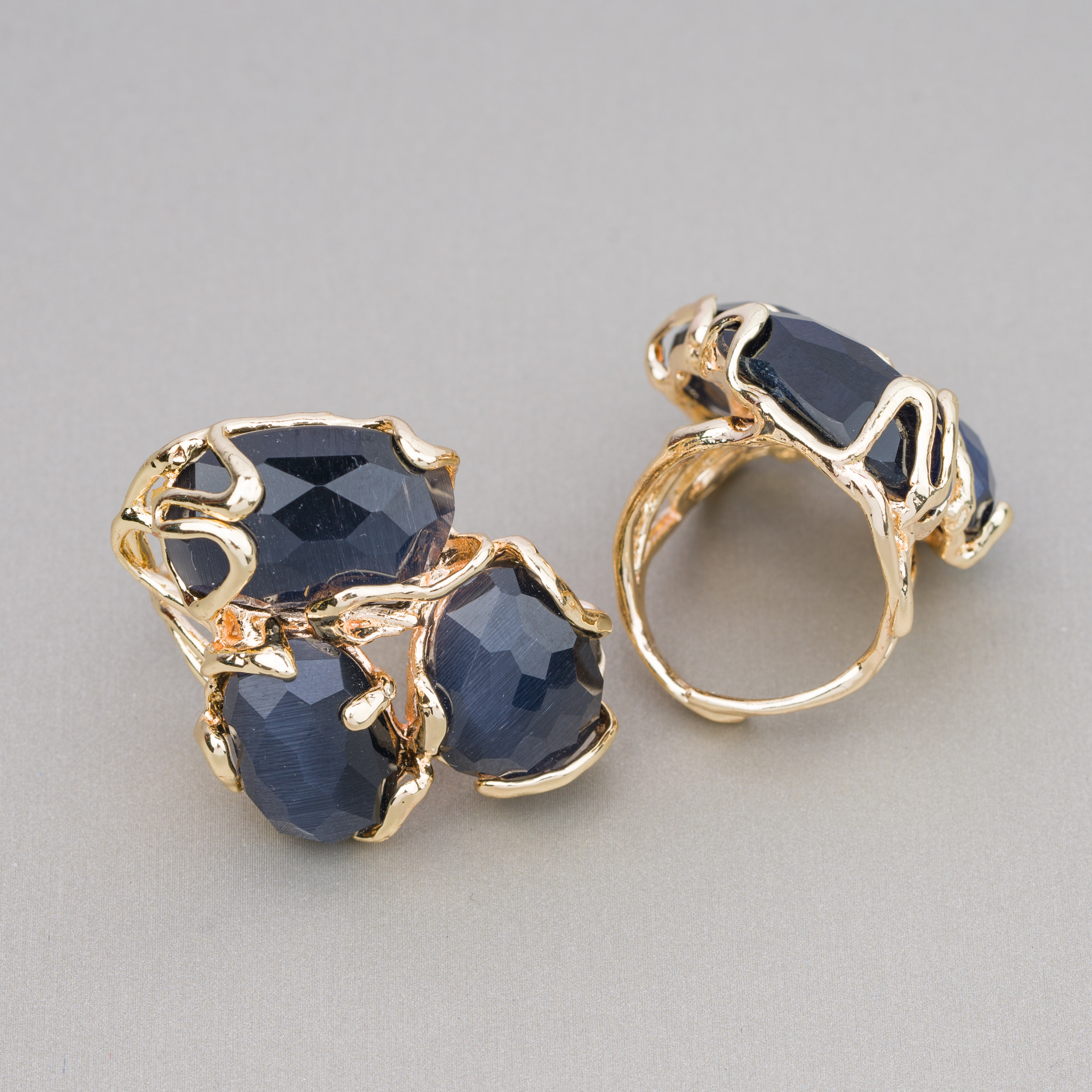 Anello Di Bronzo Con Occhio Di Gatto 32x36mm Misura Regolabile Dorato Blu Scuro