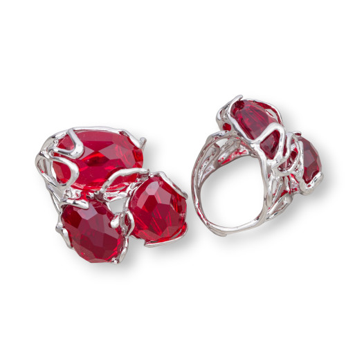 Anello Di Bronzo Con Occhio Di Gatto 32x36mm Misura Regolabile Rodiato Rosso Ruby