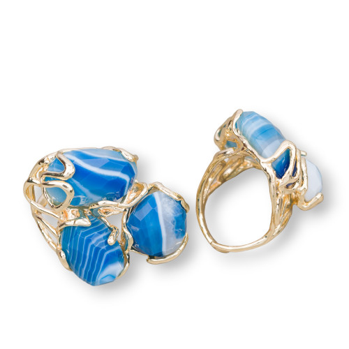 Bronze Ring With Semi-precious Stones 32x36mm Adjustable Size Golden Blue Striated Agate