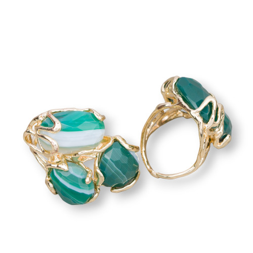 Bronze Ring With Semi-precious Stones 32x36mm Adjustable Size Golden Green Striated Agate