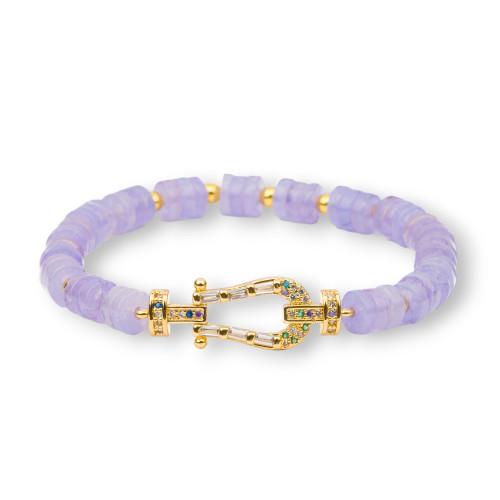 Stretch Bracelets Of Semi-precious Stones 6mm Discs With Hematite And Central Bronze With Lilac Jade Zircons