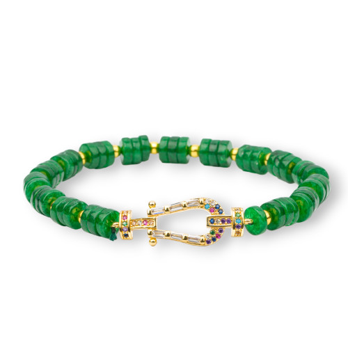 Bracelets extensibles en pierres semi-précieuses, disques de 6 mm avec centre en hématite et bronze avec zircons de jade vert