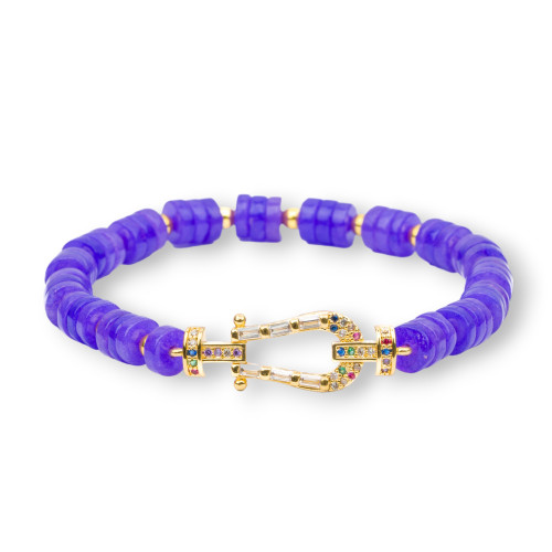 Stretch Bracelets Of Semiprecious Stones 6mm Discs With Hematite And Central Bronze With Zircons Purple Jade