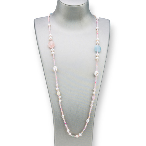 Collana Bijoux Con Pietre Dure, Perle Di Fiume Con Zirconi Annodate 90cm MOD4 Rosa