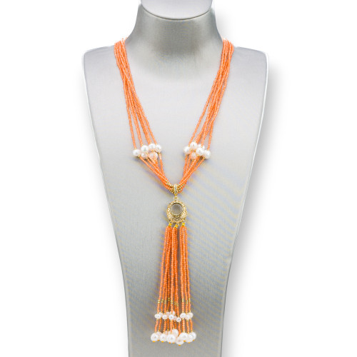 Collana Bijoux Con Pietre Dure, Perle Di Fiume E Zirconi 84cm Arancio