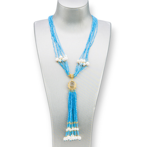 Collana Bijoux Con Pietre Dure, Perle Di Fiume E Zirconi 84cm Azzurro