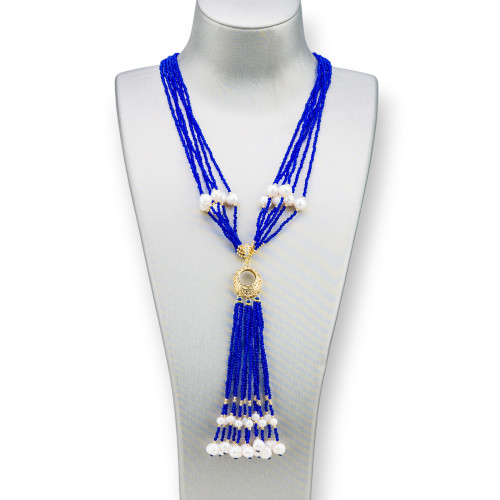 Collana Bijoux Con Pietre Dure, Perle Di Fiume E Zirconi 84cm Blu