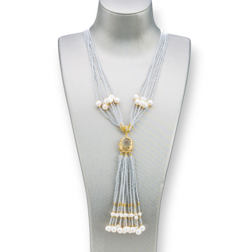 Collana Bijoux Con Pietre Dure, Perle Di Fiume E Zirconi 84cm Ghiaccio