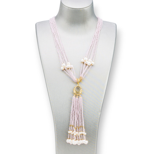 Collana Bijoux Con Pietre Dure, Perle Di Fiume E Zirconi 84cm Rosa