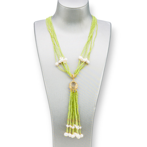 Collana Bijoux Con Pietre Dure, Perle Di Fiume E Zirconi 84cm Verde Acido