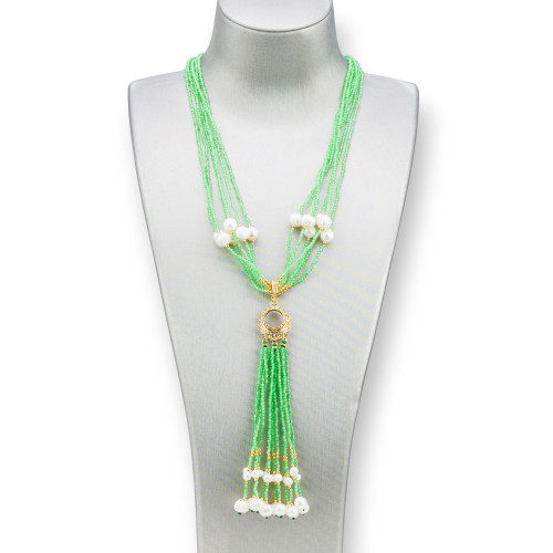 Collana Bijoux Con Pietre Dure, Perle Di Fiume E Zirconi 84cm Verde Chiaro