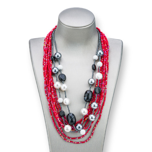 Collana Bijoux Con Pietre Perle E Cristalli Multifilo 50cm MOD1 Rosso