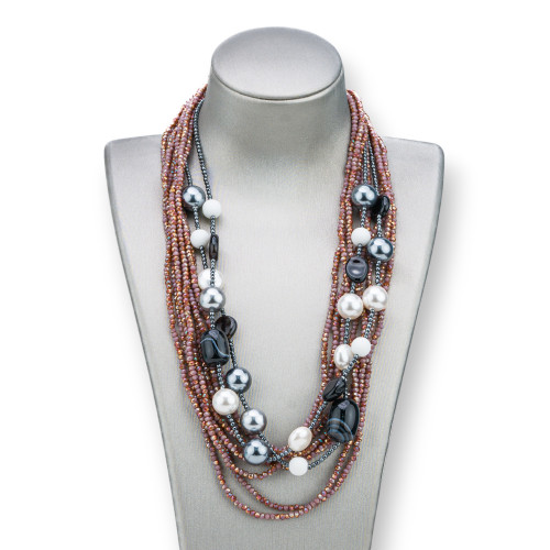 Collana Bijoux Con Pietre Perle E Cristalli Multifilo 50cm MOD4 Cipria