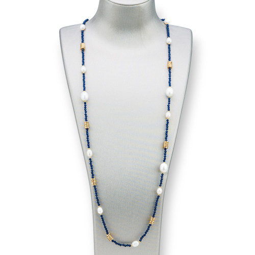 Collana Bijoux Con Zirconi Perle E Ematite 90cm Blu Zaffiro
