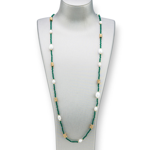 Collana Bijoux Con Zirconi Perle E Ematite 90cm Verde Smeraldo