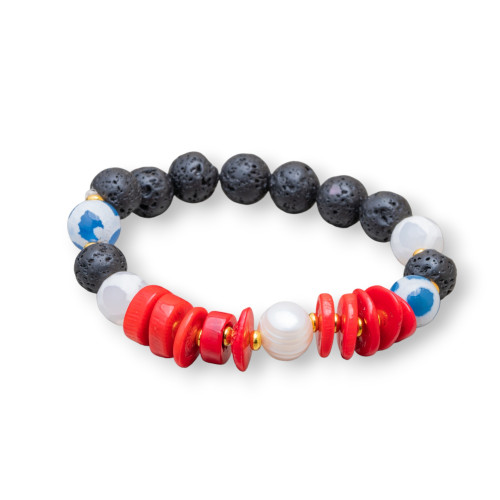 Lava Stone Bracelets With Bamboo Coral And Pearls 10-12mm Mod. Light Blue