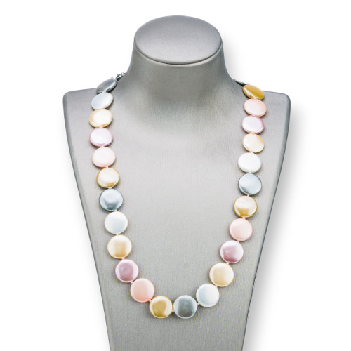 Collana Di Perle Di Maiorca Tondo Piatto 16mm Con Chiusura In Ottone 44-49cm Bianco Grigio Giallo Rosa Lilla