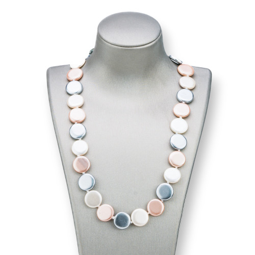 Collana Di Perle Di Maiorca Tondo Piatto 16mm Con Chiusura In Ottone 44-49cm Bianco Grigio Rosa